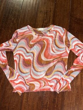 Altar'd State Retro Swirl Long Sleeve Mesh Top - Pink, Orange, Brown, Cream